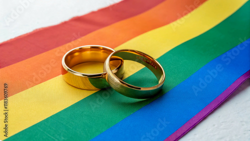 Two gold wedding rings lying on a rainbow flag. This symbolic image represents equality, LGBT rights, recognition of same-sex marriages and their legalization. photo