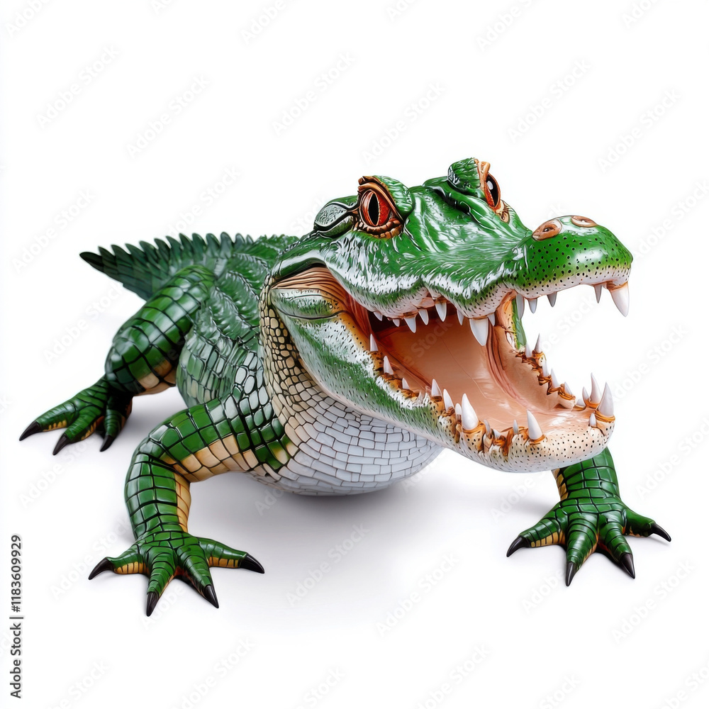 Fototapeta premium A vibrant green alligator, mouth agape, poised on a stark white background. 