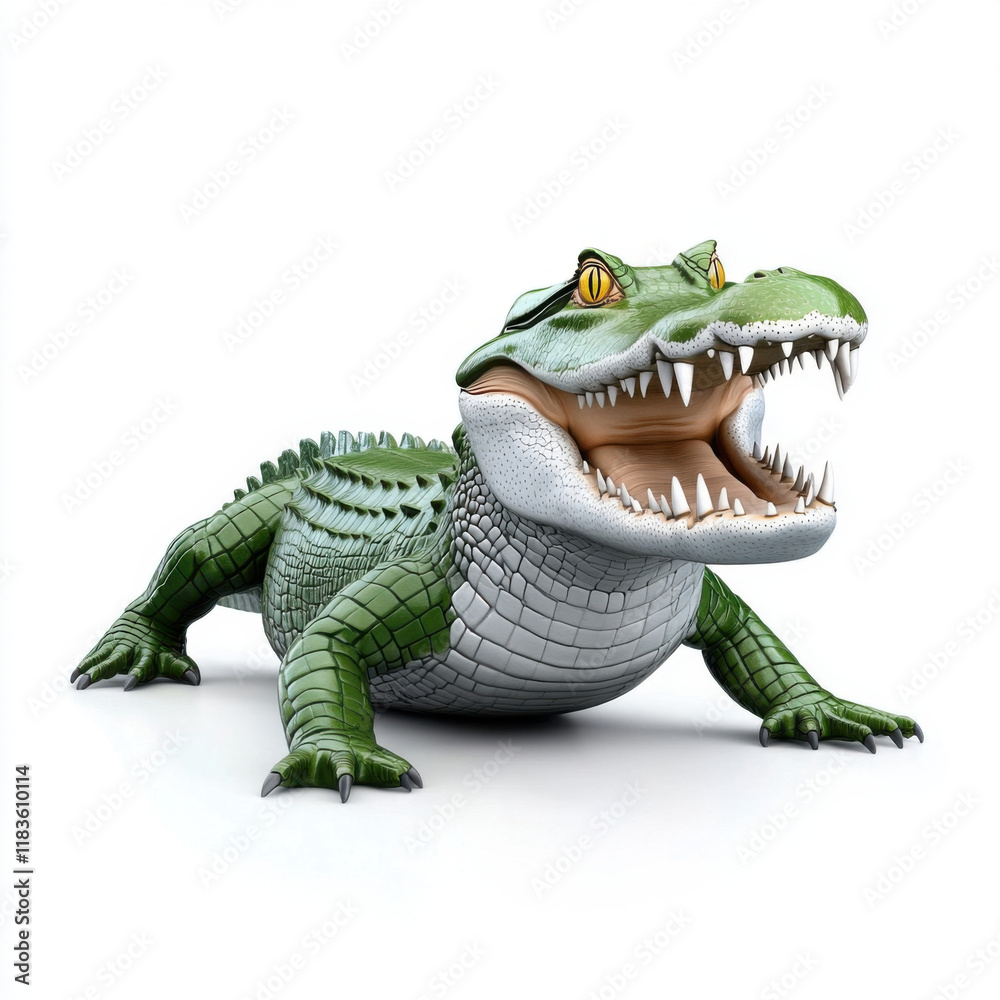 Fototapeta premium A menacing green alligator, mouth agape, on a stark white background. A digitally rendered image.