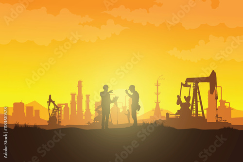 Oil pumpjack Vector, Silhouette of jack up drilling rig, illustration for background.