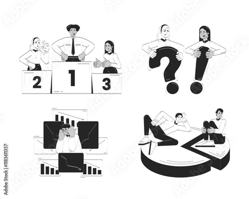 Businesspeople activities doodle line illustration concept set. Commerce. Corporate employees developing business company 2D outline characters isolated. Hand drawn ink drawing monochrome collection
