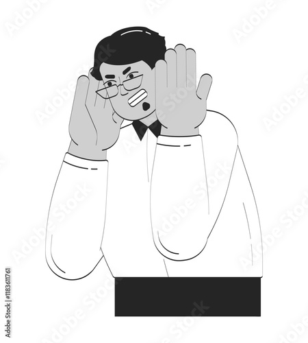 Angry arab businessman handling burnout doodle linear character. Stressed middle eastern man employee with overweight 2D vector outline person isolated. Hand drawn drawing illustration monochrome