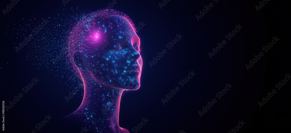 Digital human head silhouette with glowing neural connections and particles representing artificial intelligence and technology, copy space for text Digital human head silhouette with glowing neural connections and particles representing artificial intelligence and technology, copy space for text