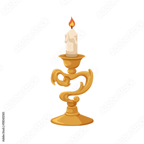 Candleholder, vintage brass chamberstick with ornate baroque design, Lit taper candle in candlestick, retro style golden light holder. Flat cartoon vector illustration isolated on white background