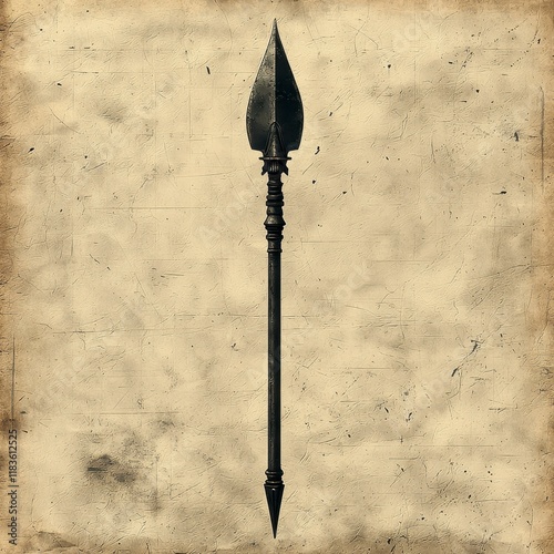 Ancient spearhead on parchment background. photo