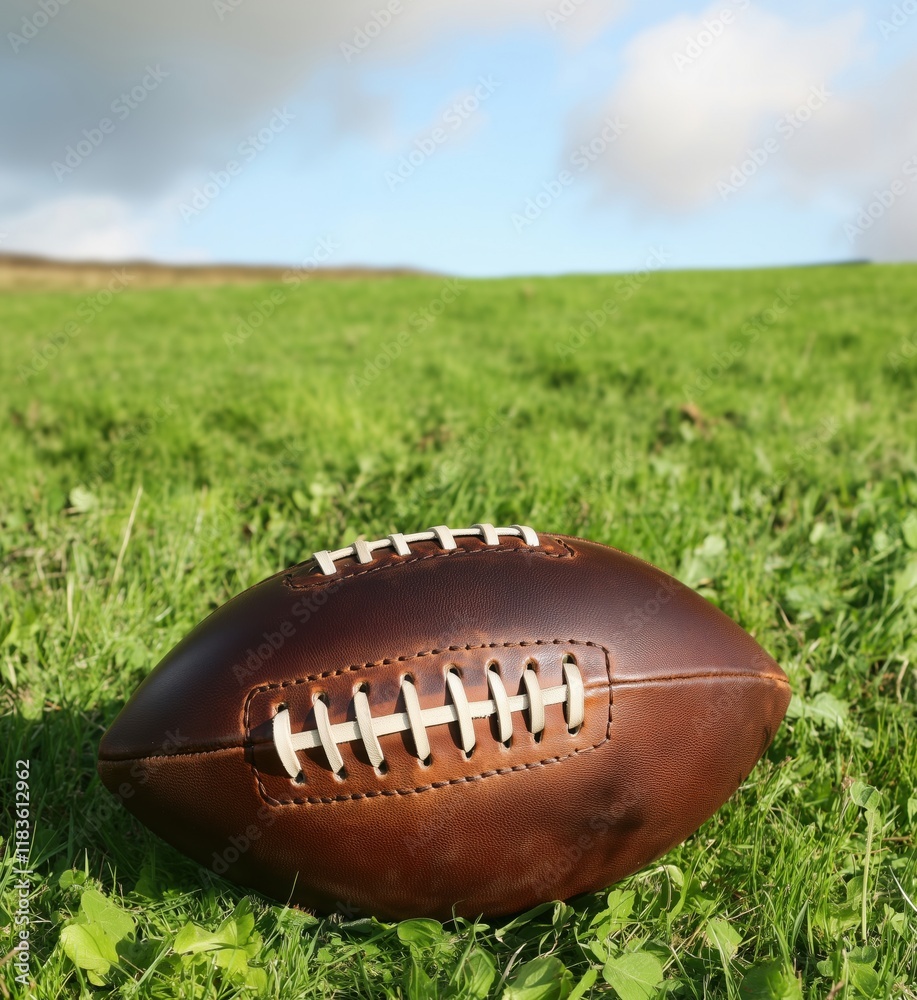 Obraz premium American football resting on green grass field under blue sky with clouds, showcasing leather texture and laces, copy space for text