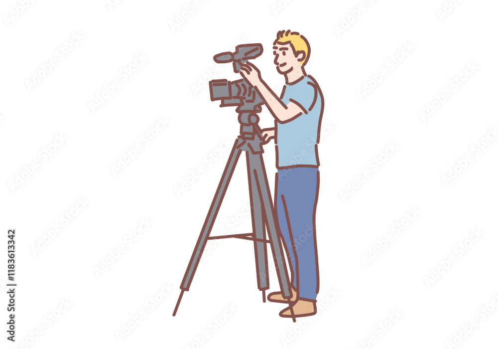 A professional cameraman with a camera mounted on a tripod captures. Hand drawn style vector design illustrations.
