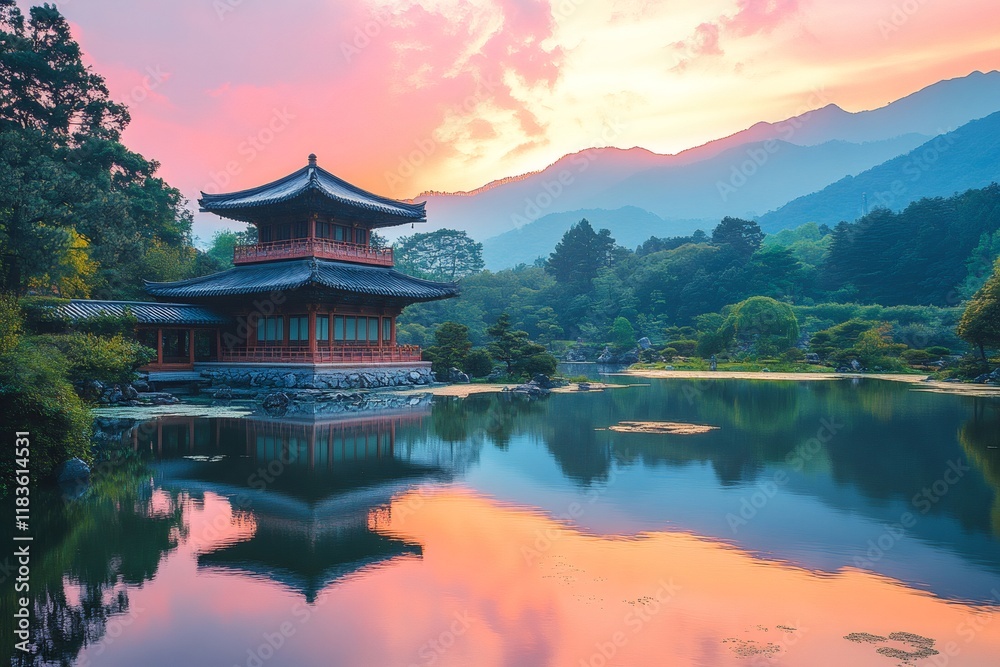 Naklejka premium Hyangwonjeong garden reflecting on the lake at sunset, gyeongbokgung palace, seoul, south korea