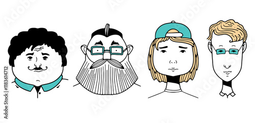 Four cartoon flat characters: a man with a mustache and glasses, a man with short blond hair wearing a baseball cap, a young man, a man with curly hair. vector. The background is white
