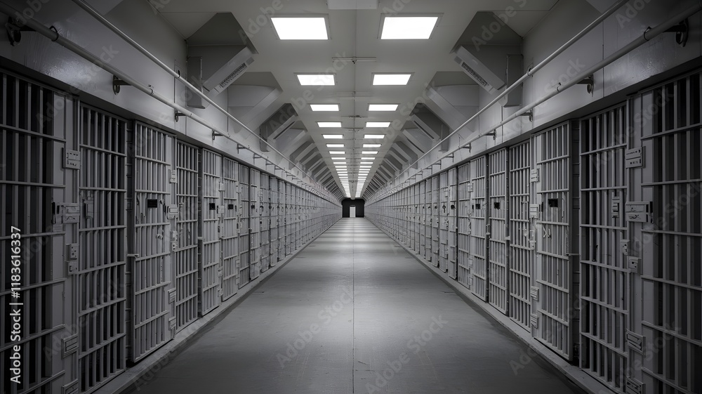 Obraz premium Empty Prison Corridor with Bars and Ceiling Lights.