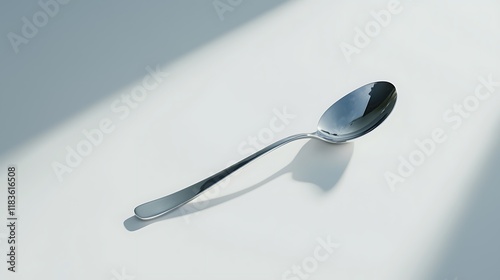 A spoon is sitting on a white table photo