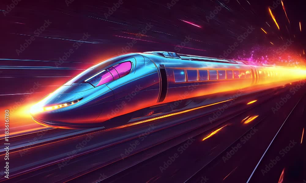 Futuristic high-speed train speeding through vibrant light trails at night.
