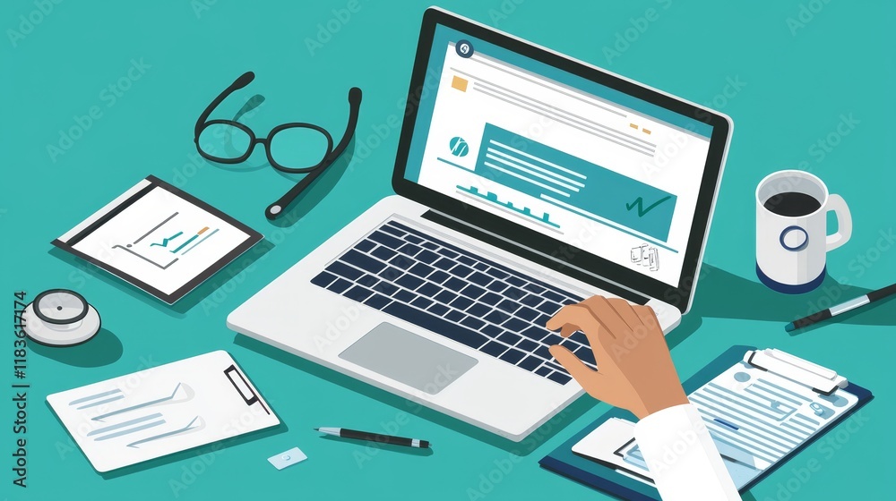 Doctor conducts virtual healthcare consultation with patient using laptop for online appointment Doctor conducts virtual healthcare consultation with patient using laptop for online appointment
