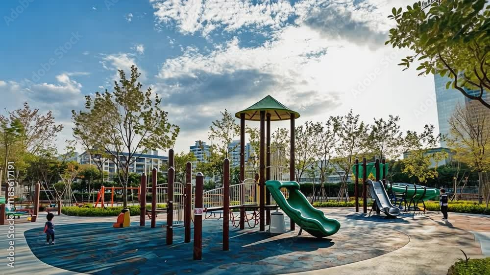 Children playground equipment stands ready for fun on sunny day
