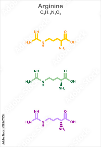 Arginine. Stylized structural formulas. Display of the unspecific formula plus formulas of L- and D-Enantiomers in addition.