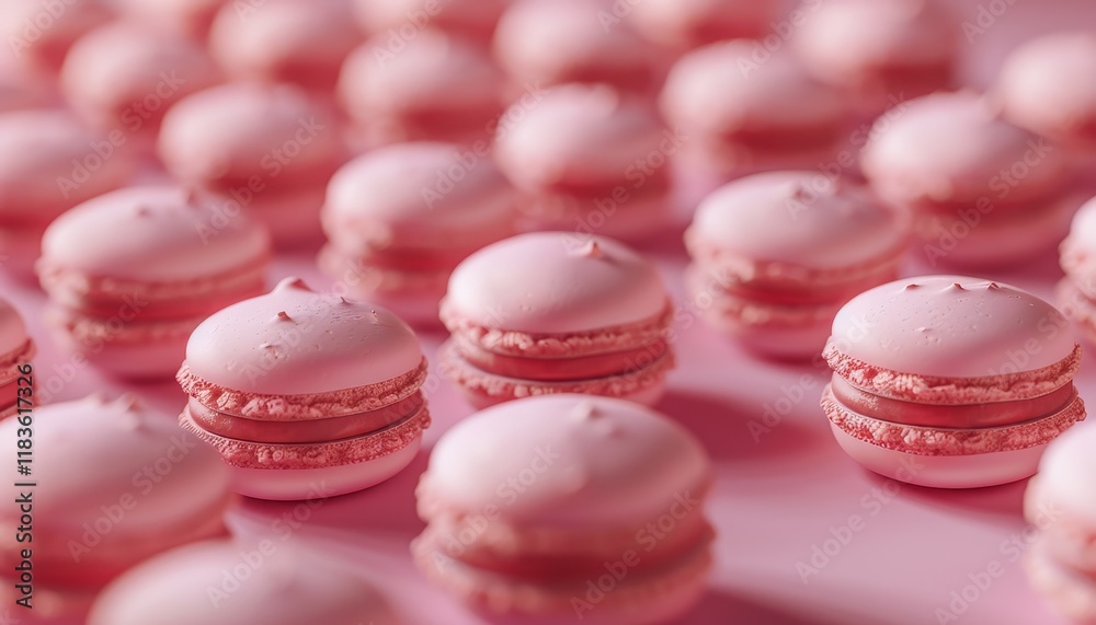 A close-up shot of pink macarons arranged in a repeating pattern on a pink background. A close-up shot of pink macarons arranged in a repeating pattern on a pink background.