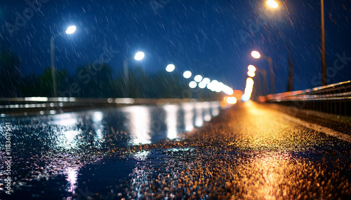 aindrops splash on the road, bokeh, dark background; night highway with blurred lights photo