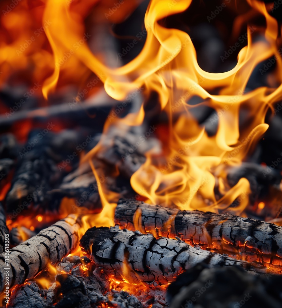 Glowing embers and flames dancing over charred wood logs in a vibrant fire pit, showcasing the beauty of fire and heat, copy space for text Glowing embers and flames dancing over charred wood logs in a vibrant fire pit, showcasing the beauty of fire and heat, copy space for text