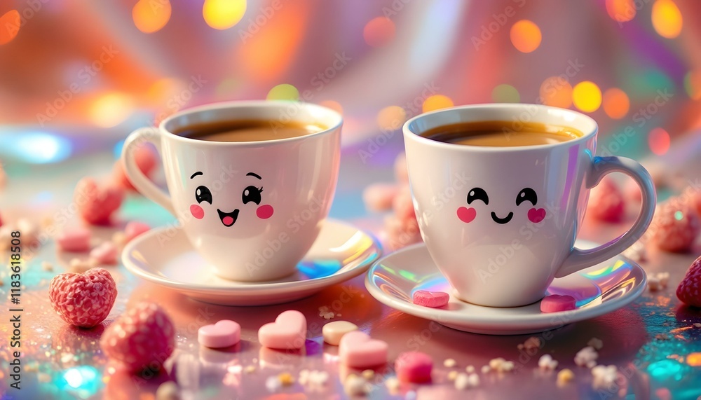 Fototapeta premium Two Cute Coffee Mugs with Candy on Pink Surface