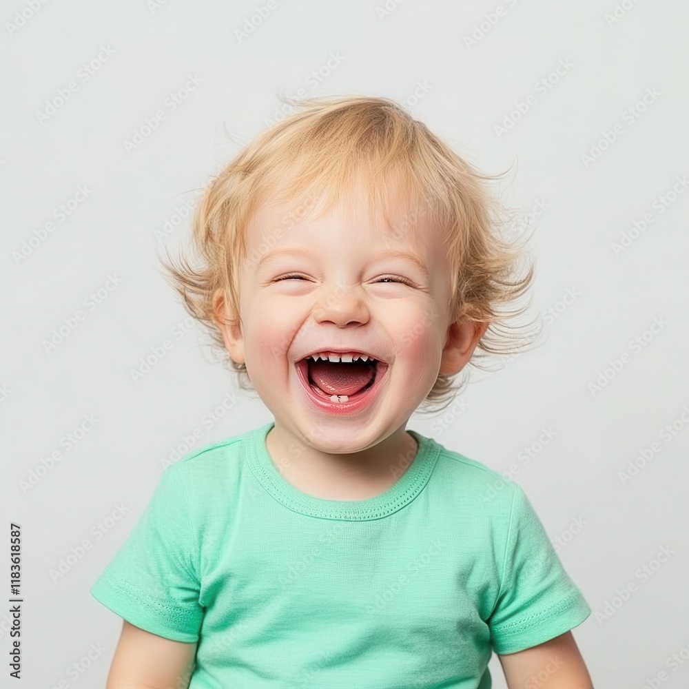 Joyful Belarusian toddler laughing in a green t-shirt Joyful Belarusian toddler laughing in a green t-shirt