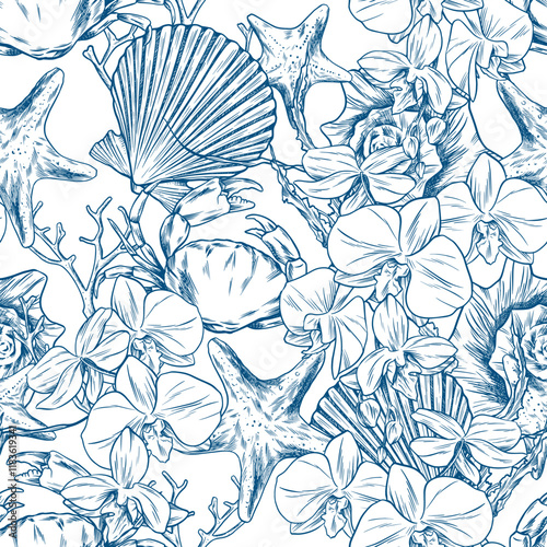 Toile de jouy seashells pattern. Colorful seamless shells, starfish, orchid and crab pattern. Perfect for greetings, invitations, manufacture wrapping paper, textile and web design. Vector pattern.