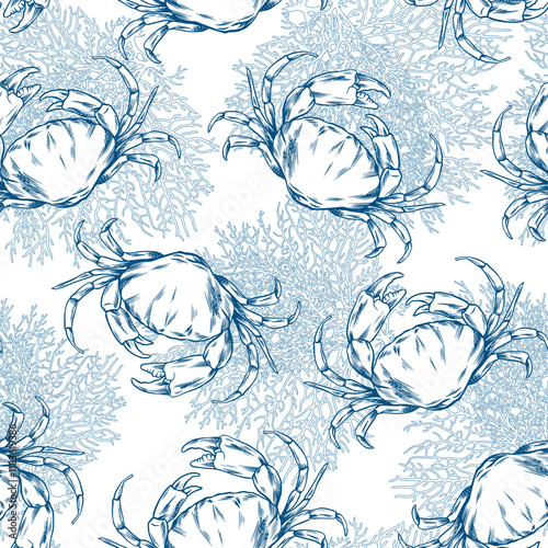 Toile de jouy crab pattern. Colorful seamless crabs and coral pattern. Perfect for greetings, invitations, manufacture wrapping paper, textile and web design. Vector ocean pattern.
