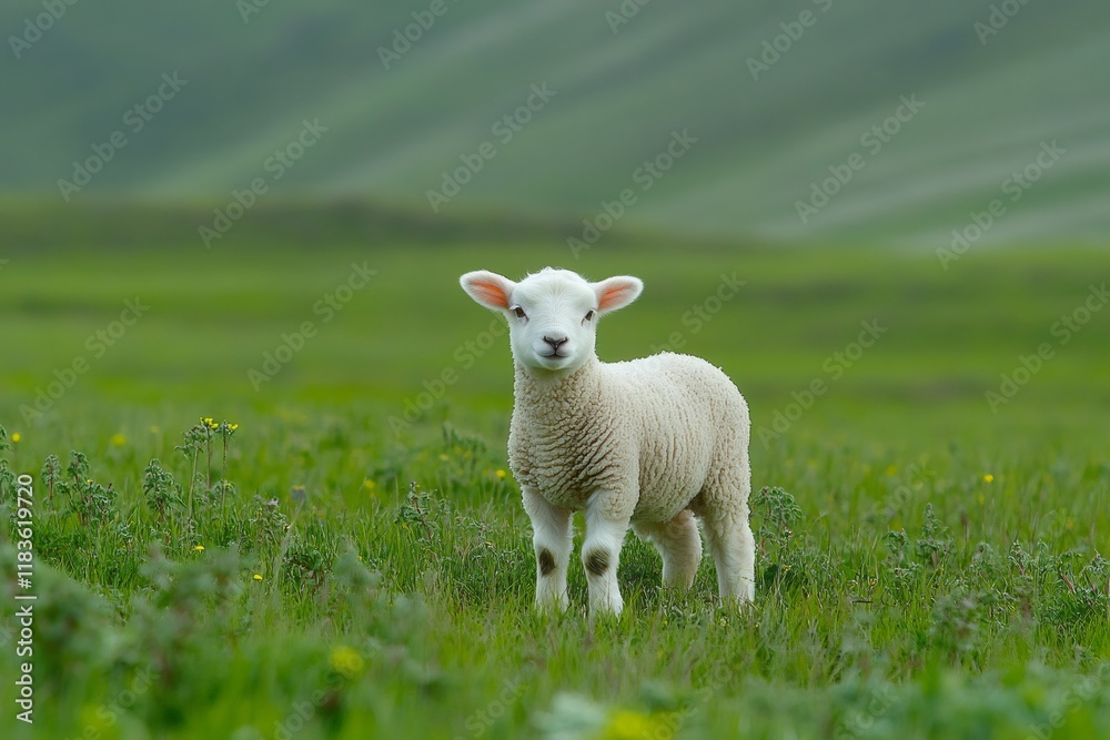 Lamb standing in a green field during spring season Lamb standing in a green field during spring season