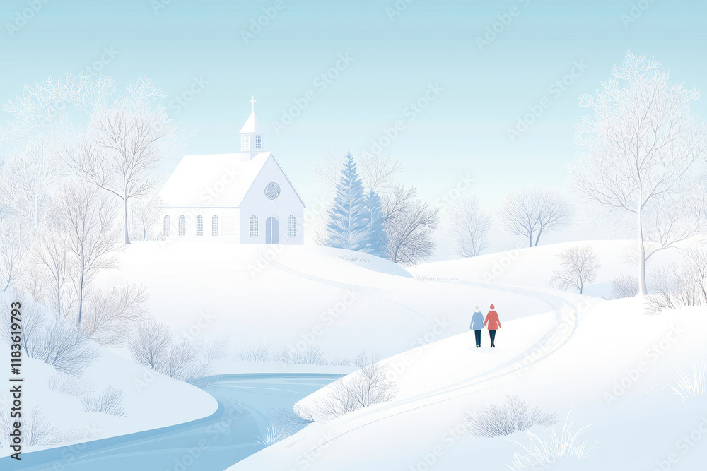 Naklejka premium Idyllic winter scene with two people walking near a snowy church