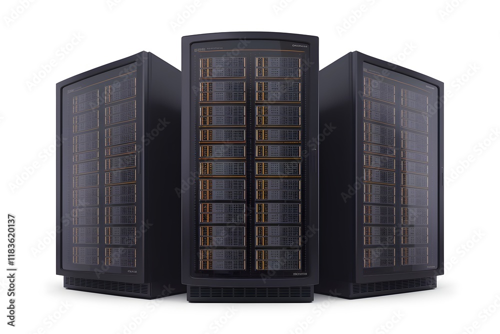 Three Server Racks Enclosed in Glass Doors with Networking Equipment. Three Server Racks Enclosed in Glass Doors with Networking Equipment.