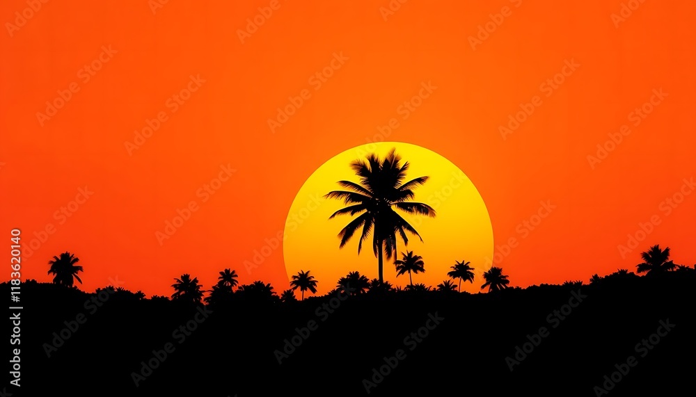Silhouette Palm Trees Sunset Orange Sky Tropical Landscape Silhouette Palm Trees Sunset Orange Sky Tropical Landscape