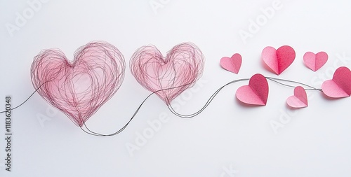 cuori creati con fili rosa intrecciati a formare due grandi cuori. Accanto, ci sono piccoli cuori di carta rosa piegati, disposti in modo decorativo su uno sfondo bianco.  photo