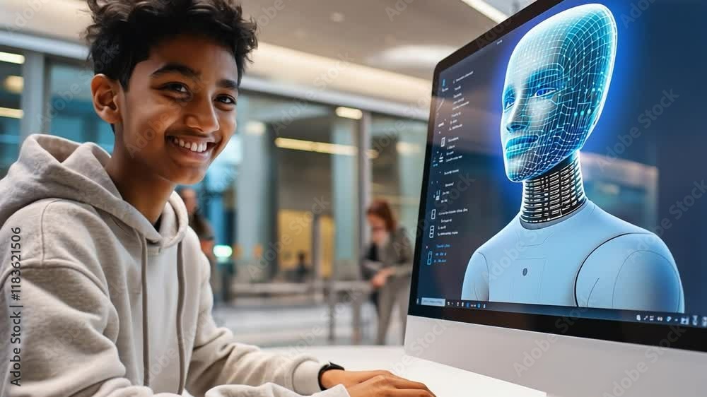 Young student programming ai humanoid robot on computer in university science lab