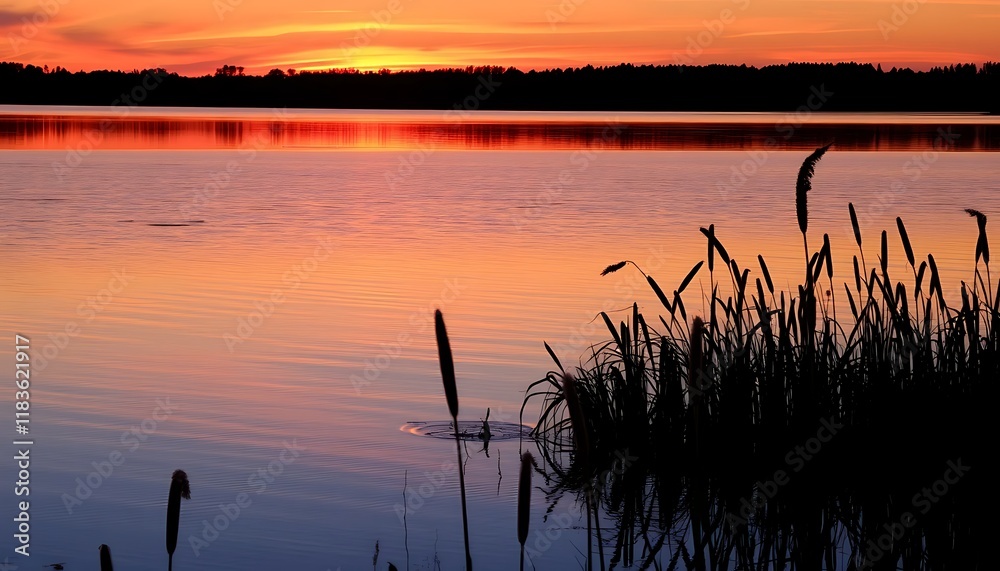 Sunset Lake Reeds Silhouetted Warm Colors Peaceful Scene Sunset Lake Reeds Silhouetted Warm Colors Peaceful Scene