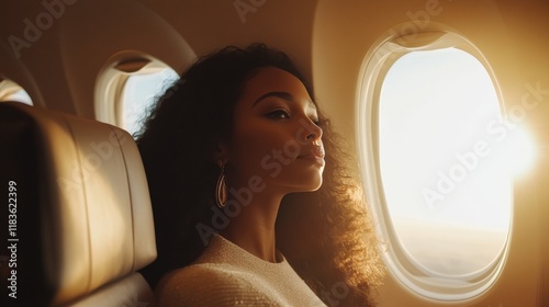 Businesswoman s girlfriend relaxing by the window in a luxurious private jet setting photo