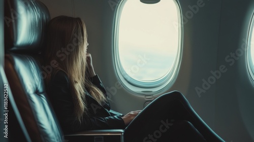 Businesswoman s girlfriend enjoys luxurious view by window on private jet journey photo