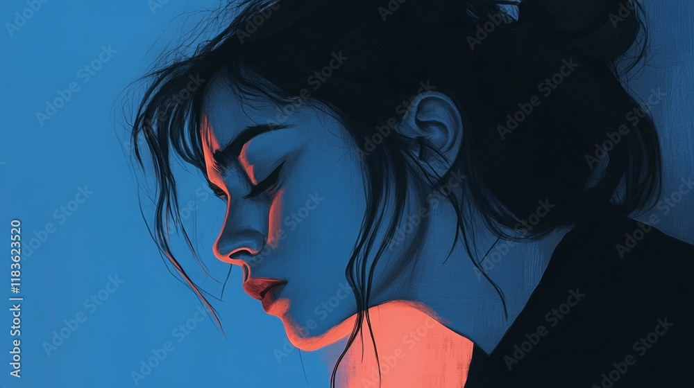 Naklejka premium A portrait of a woman experiencing depression emotions and struggles captured in art
