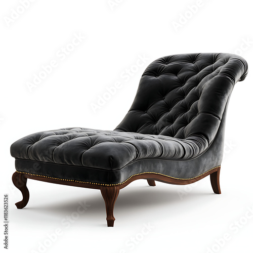 A chaise lounge chair with a velvet upholstery and tufted backrest on a transparent background, high-resolution 3D render, luxurious seating,  
