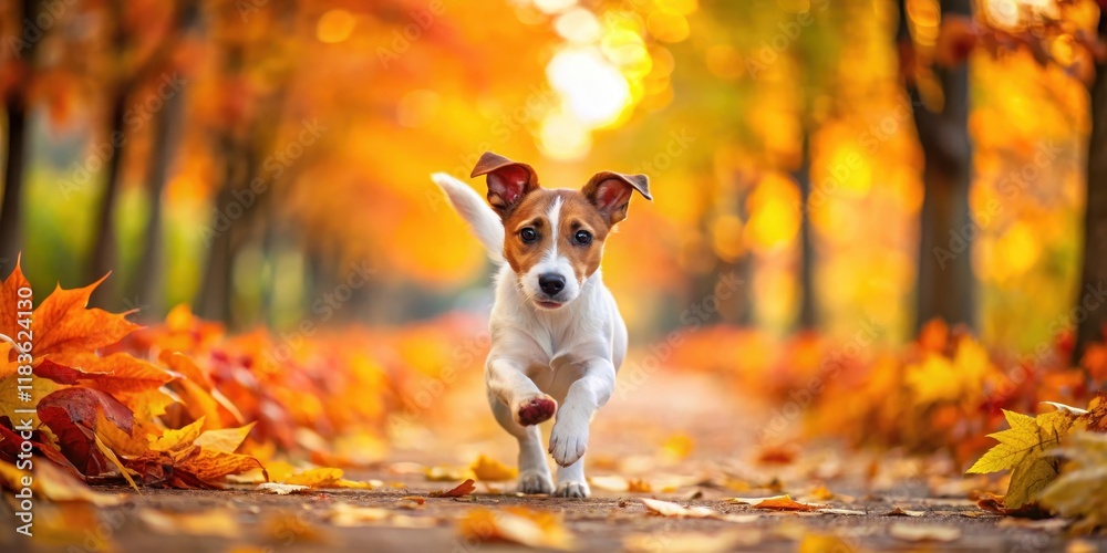 A playful Jack Russell puppy runs down an autumn alley lined with vibrant orange and yellow leaves, its little legs moving quickly as it chases a squirrel , alley, leaves A playful Jack Russell puppy runs down an autumn alley lined with vibrant orange and yellow leaves, its little legs moving quickly as it chases a squirrel , alley, leaves