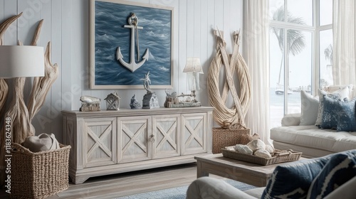 Coastal Living Room Decor: Beach House Interior Design with Nautical Anchor Artwork photo