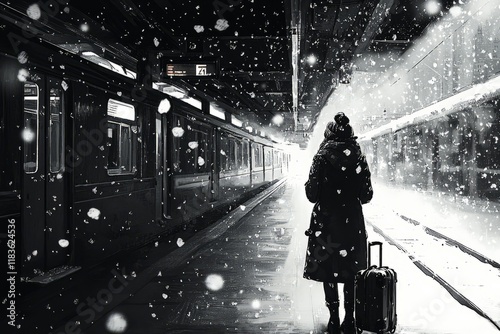 A woman with a suitcase waiting anxiously on a cold train platform as snow continues to fall. The louds, Generative AI