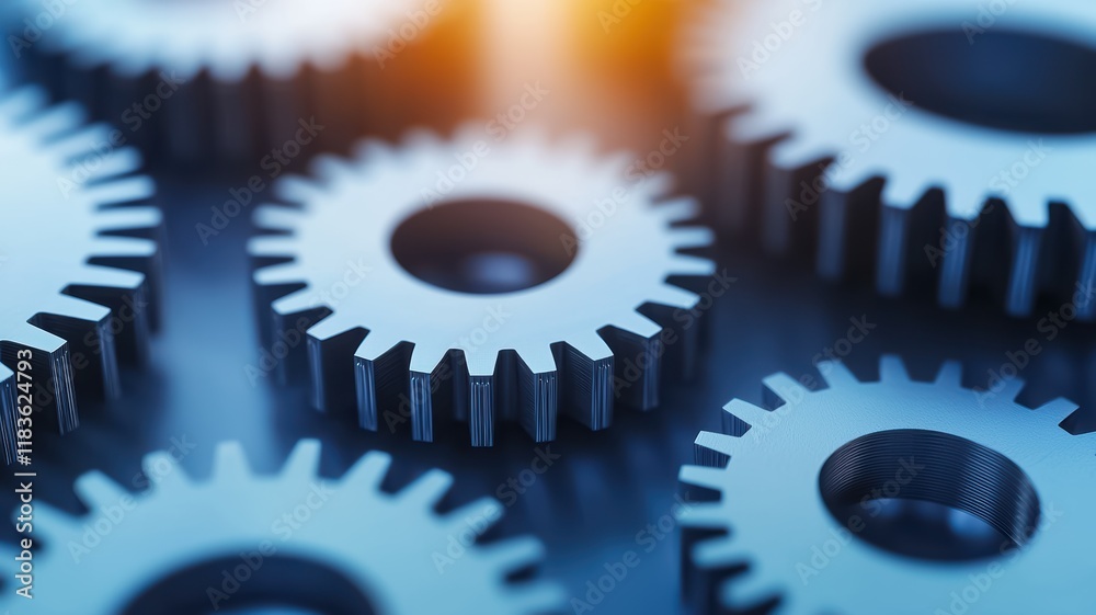 A close-up of metallic gears arranged neatly, showcasing their teeth and reflective surfaces, emphasizing mechanical engineering and precision. A close-up of metallic gears arranged neatly, showcasing their teeth and reflective surfaces, emphasizing mechanical engineering and precision.