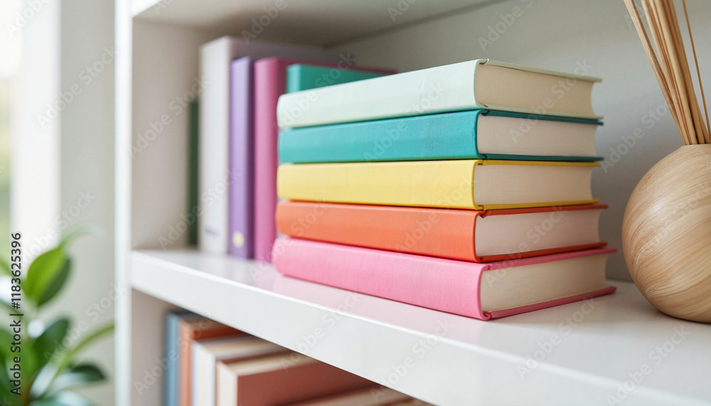 Colorful stacked books on modern shelf in well-lit study, inspiration Colorful stacked books on modern shelf in well-lit study, inspiration