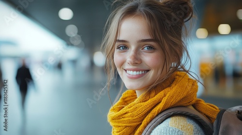 A cheerful woman at an airport, ready for a journey, symbolizing exploration, adventure, and the joy of travel, ideal for lifestyle and travel themes. photo