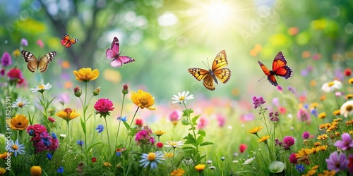 A picturesque meadow scene featuring a vibrant mix of flowers and lush greenery, with butterflies fluttering about amidst the gentle rustle of leaves , outdoors, meadow