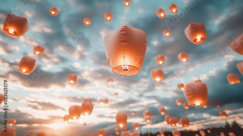 Illuminated Sky Lanterns Ascending at Sunset photo