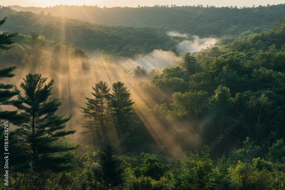 Fototapeta premium Dawn breaking over a forested valley