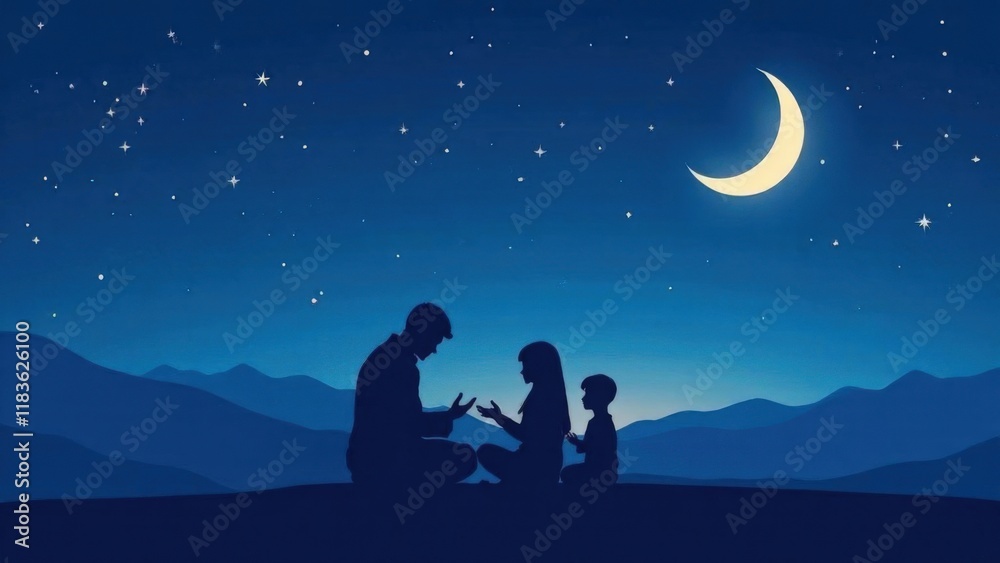 Obraz premium Ramadan poster with moon, stars and symbols symbolizing spirituality and festive mood. Arabian night, starry sky. Religious postcard, congratulations on Muslim holiday. Islam, faith, religion