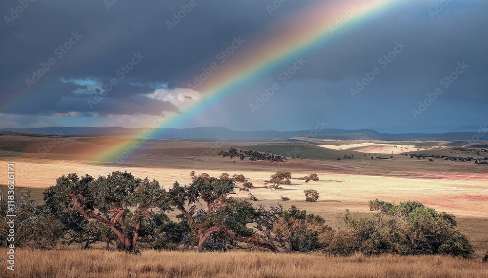 Obraz premium Panoramica de un paisaje campestre con un arco iris en el horizonte