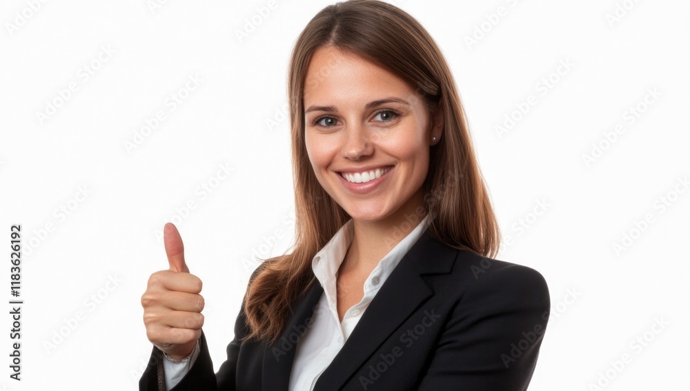 A professional woman smiles brightly while giving a thumbs up gesture. She is dressed in smart business attire, conveying positivity and confidence in a well-lit studio backdrop. Generative AI A professional woman smiles brightly while giving a thumbs up gesture. She is dressed in smart business attire, conveying positivity and confidence in a well-lit studio backdrop. Generative AI