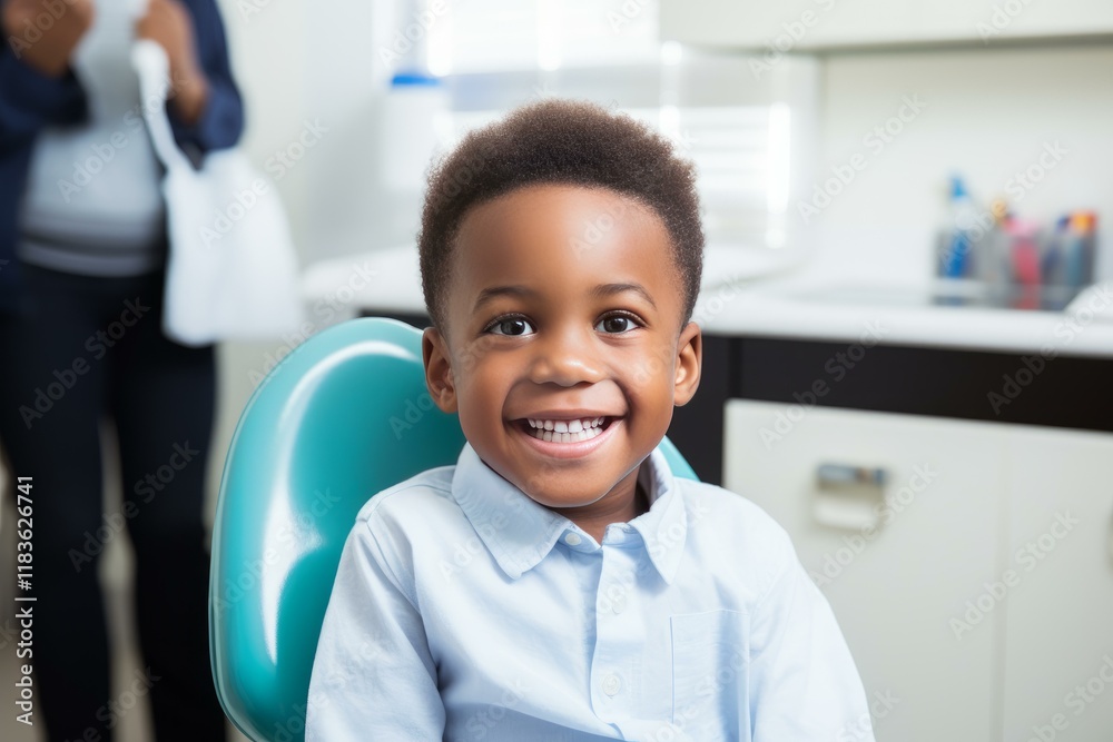 Smiling boy sitting in dentist chair during medical check up at clinic Smiling boy sitting in dentist chair during medical check up at clinic
